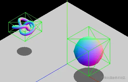 两个漂浮在空间中的 3-D 非方形物体，被虚拟矩形框包围。