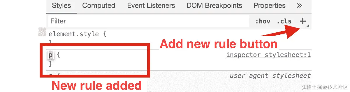 图 1.15：当您单击添加新规则时，它将基于所选元素（在本例中为段落）添加一个新规则