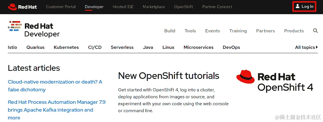 图 1.1 - developers.redhat.com 首页，指示点击登录的位置