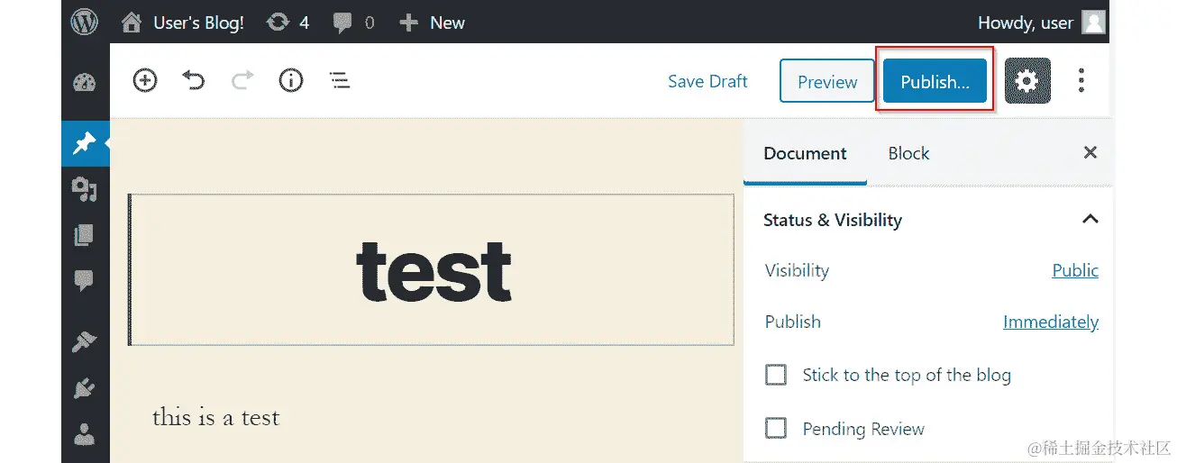 假设您随机输入了单词“测试”。在写完文字后，单击屏幕右上角的“发布”按钮。
