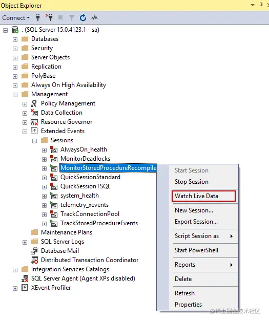 Using the Watch Live Data option of the Extended Events