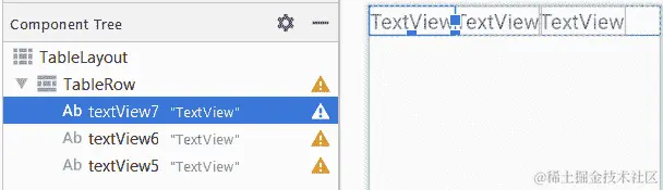 图 4.31 - 将三个 TextView 小部件拖放到组件树中的 TableRow 元素上