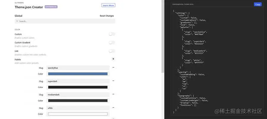Gutenberg Theme.json Creator home page.