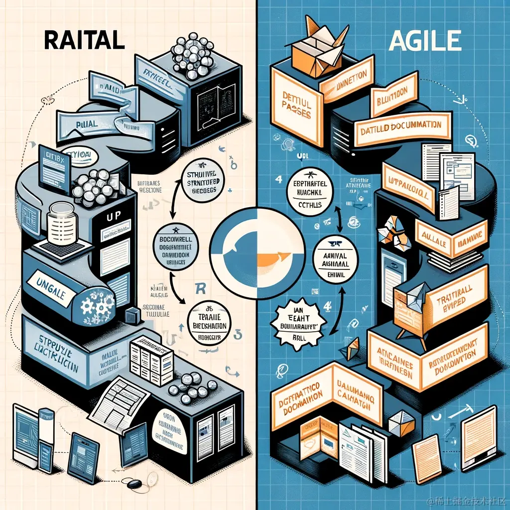 DALL·E 2024-01-28 11.37.55 - A visual comparison between the Rational Unified Process (RUP) and Agile software development methodologies. The image should depict two distinct halv.png