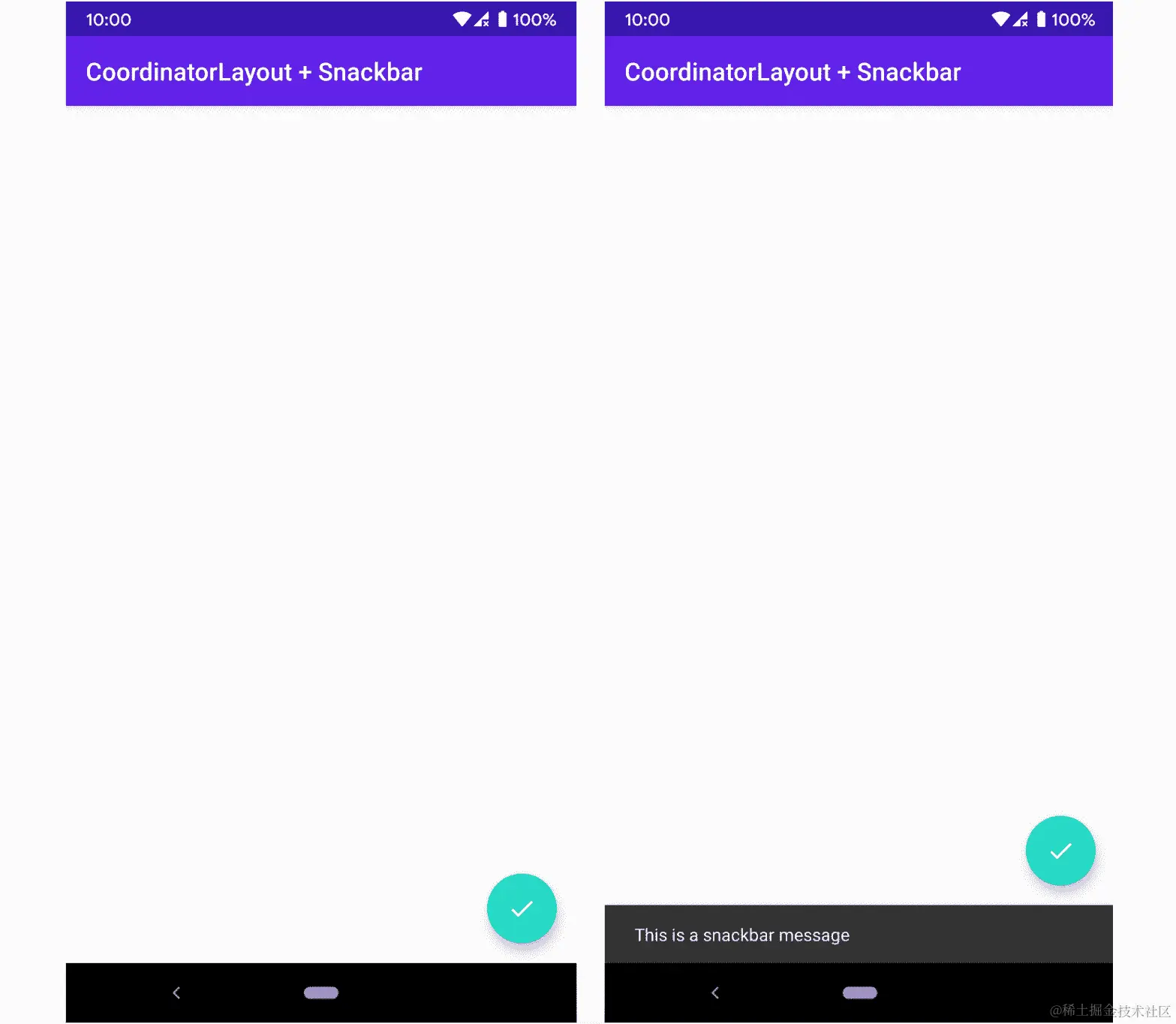 图 15.4：左侧截图显示了 Snackbar 显示之前和之后的 UI。右侧的截图显示了 Snackbar 可见时的 UI