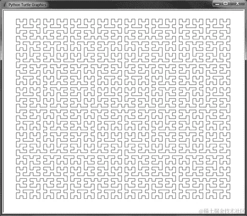 乌龟图形屏幕截图。整个窗口都覆盖着希尔伯特曲线。
