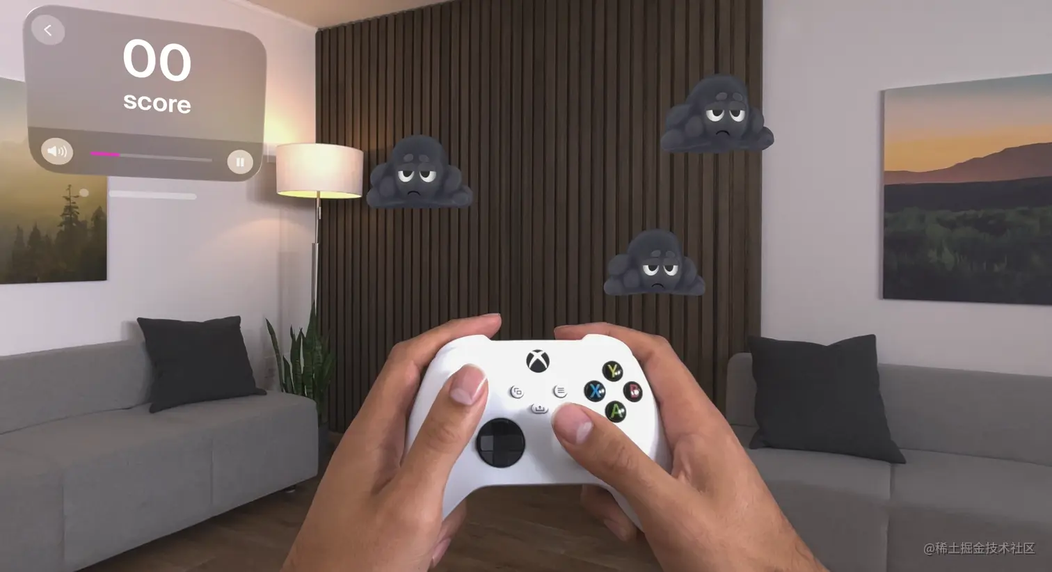 A screenshot showing someone using a game controller to play Happy Beam.