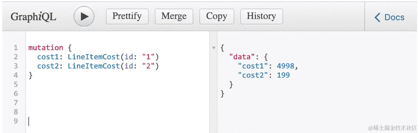 图 10.41：带有 LineItemCost 别名的 ID“1”和“2”的 mutation 查询的 GraphiQL