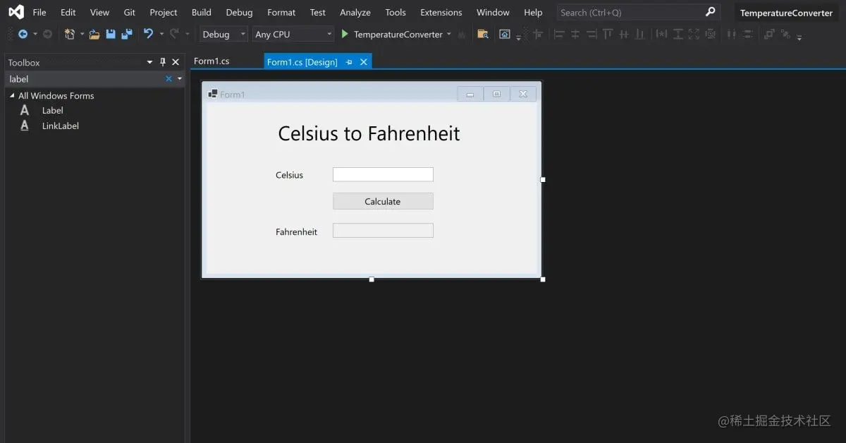 Temperature Converter App being created in Visual Studio