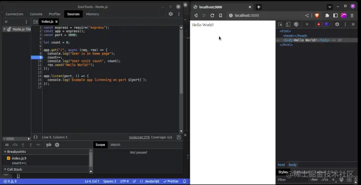 调试器每次到达第 9 行时都会暂停代码执行