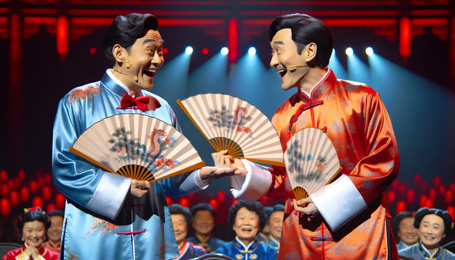 DALL·E 2023-12-19 10.20.41 - An engaging crosstalk (xiangsheng) performance on stage at the Chinese Spring Festival Gala. The scene features two Asian performers, both men, standi.png