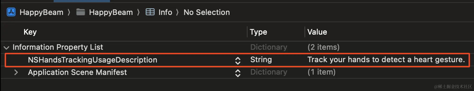 Xcode Info 中填写 NSHandsTrackingUsageDescription