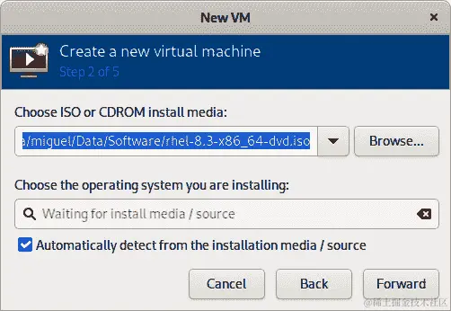 图 1.12 - 选择 ISO 镜像作为安装介质的虚拟管理器菜单
