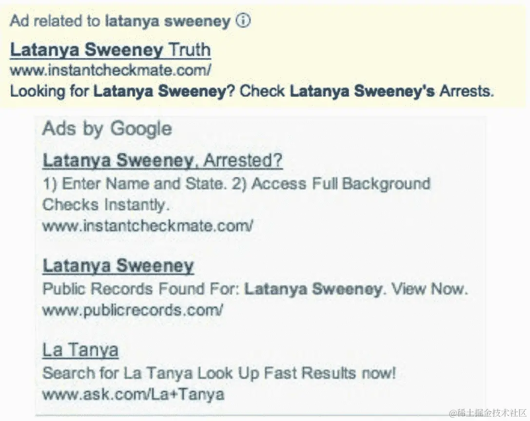 谷歌搜索显示关于拉塔尼亚·斯威尼（不存在的）被捕记录的广告