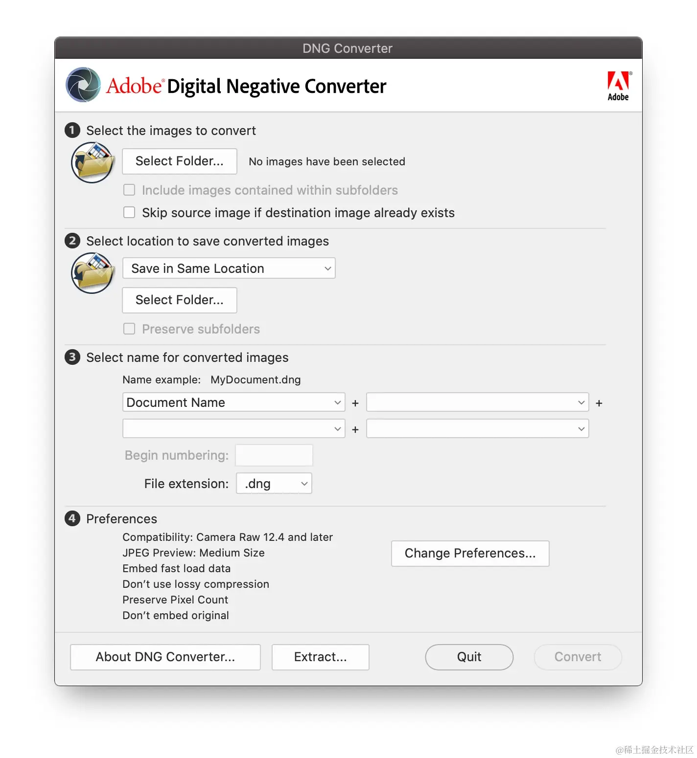 Adobe DNG Converter 对话框