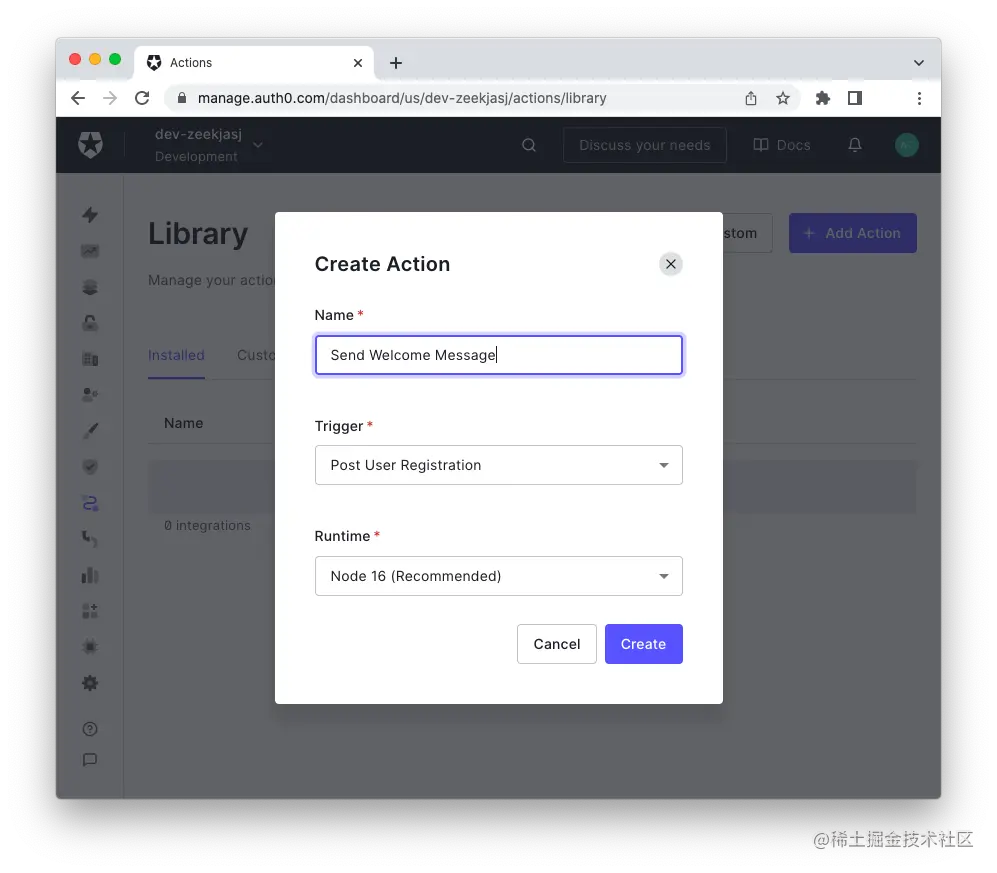 Create custom Action dialog