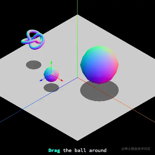 A knot object, a large sphere object and a small sphere object in 3-D space. Three vectors are drawn on the small sphere. The vectors point in the directions of the three axes that define the space. Text at the bottom reads: Drag the ball around.
