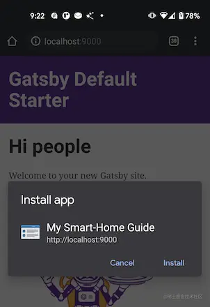 Screenshot from an Android device, showing a "Install app" modal popup in the Chrome browser, for "My Smart-Home Guide", through localhost remote debugging