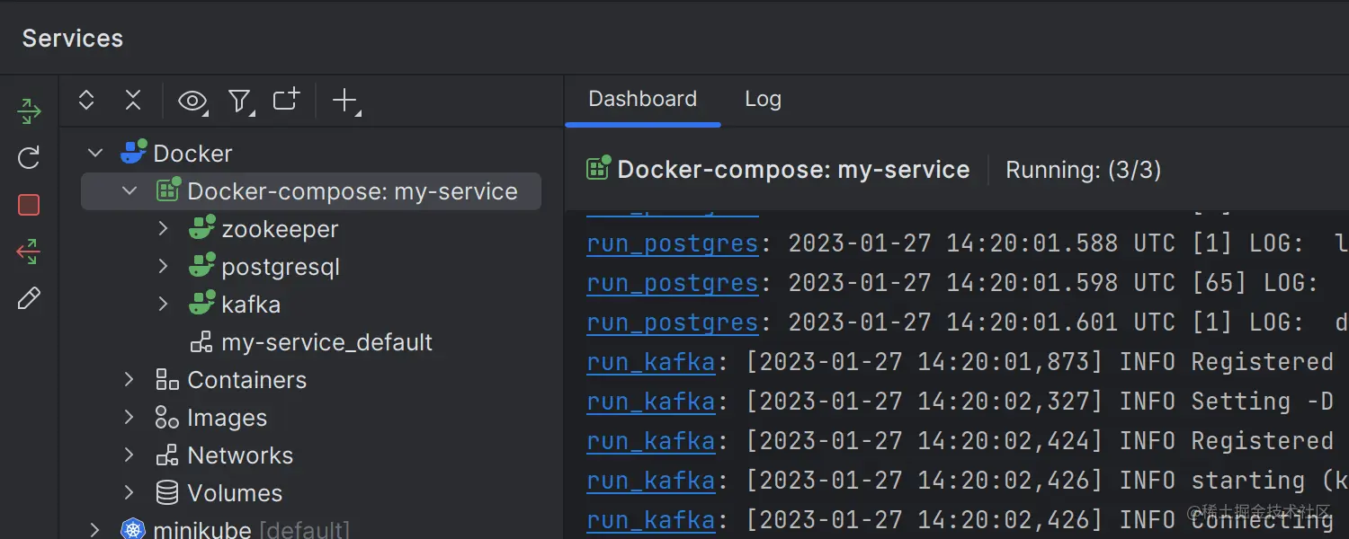来自所有 Docker Compose 容器的合并日志