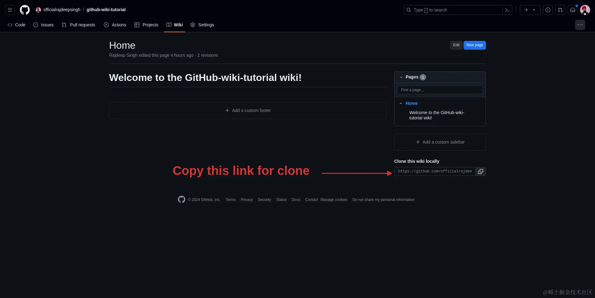 复制克隆 GitHub wiki 的链接。