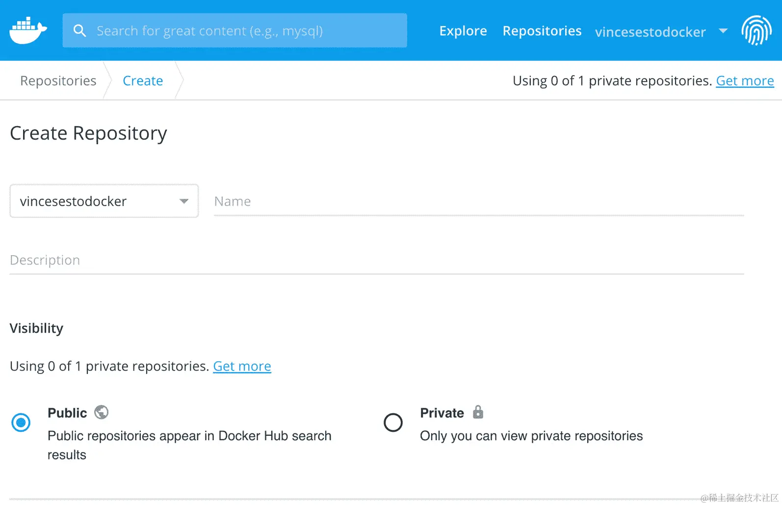 图 3.2：Docker Hub 的存储库创建屏幕