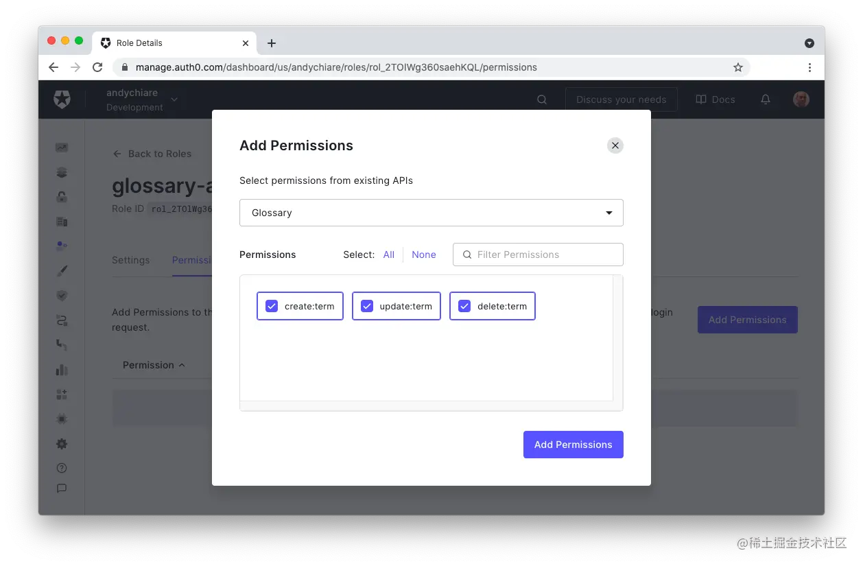 Assign permissions to the admin role