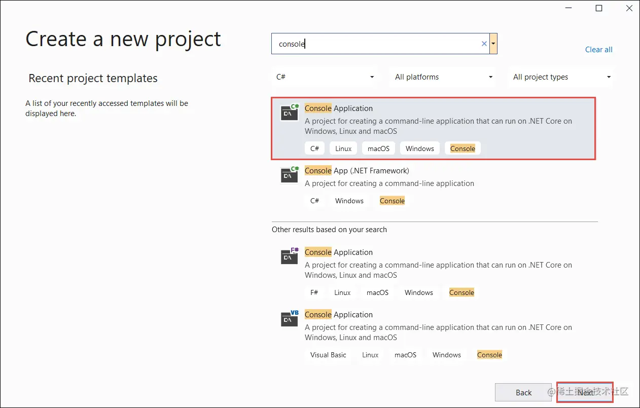 Create a new project window with filters selected