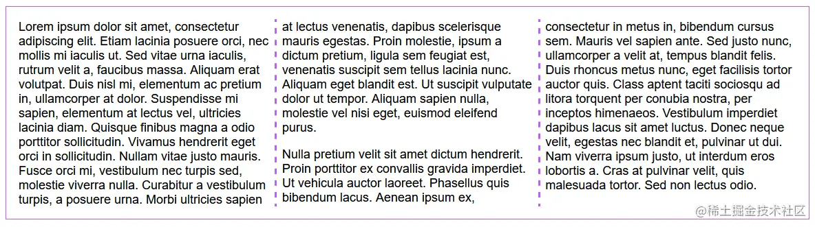 A three-column layout of plain text with a 1 em gap between columns