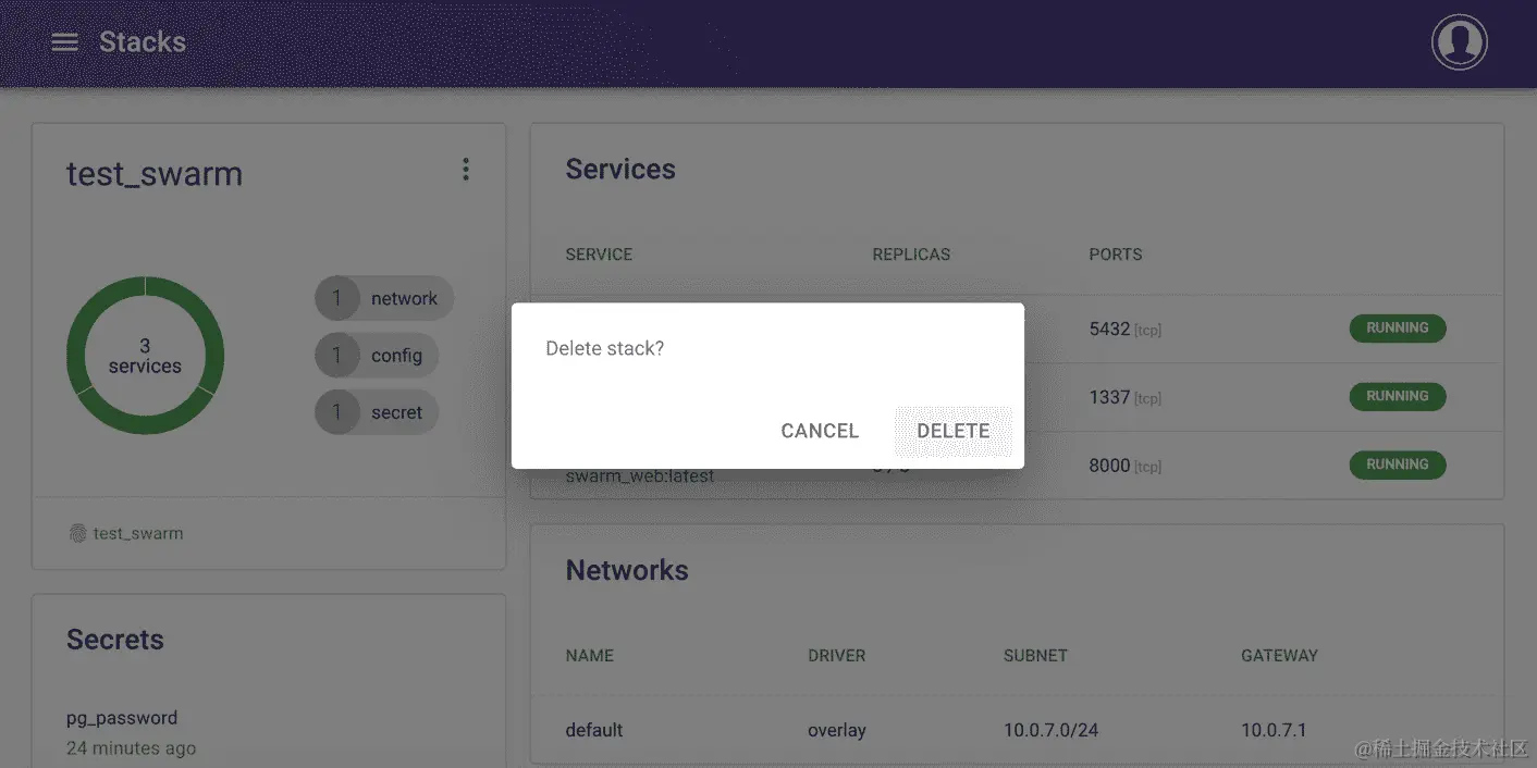 图 9.9：在 Swarmpit 中删除 Web 服务