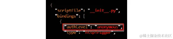 在 python-http/function.json 文件中，我们将 authlevel 更改为 anonymous。