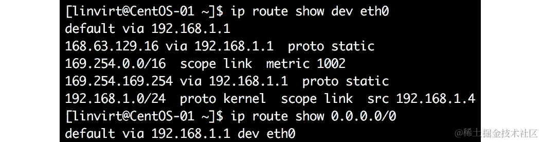 使用 ip route show 命令显示路由表。