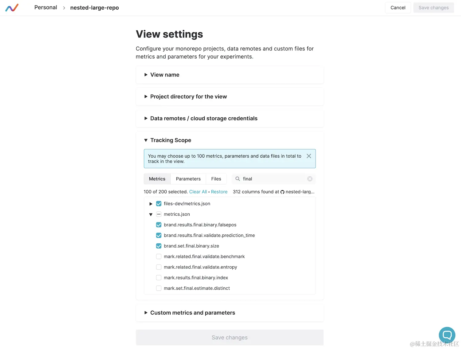 Metrics settings