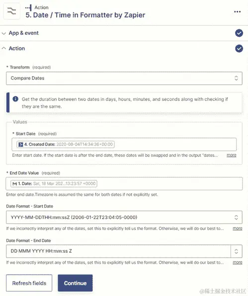 图 14.6-使用 Zapier 内置应用程序格式化日期/时间动作事件来比较两个日期/时间的概述