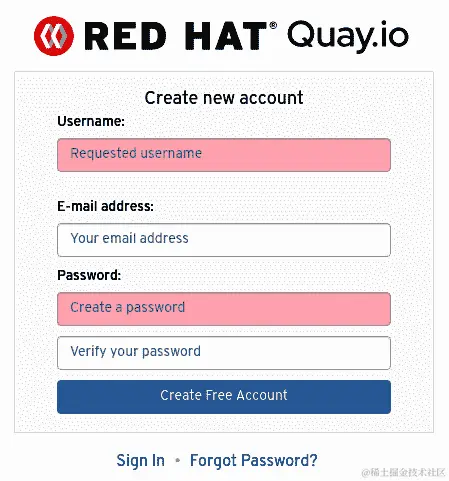 图 8.3 - 红帽 Quay 创建新帐户页面