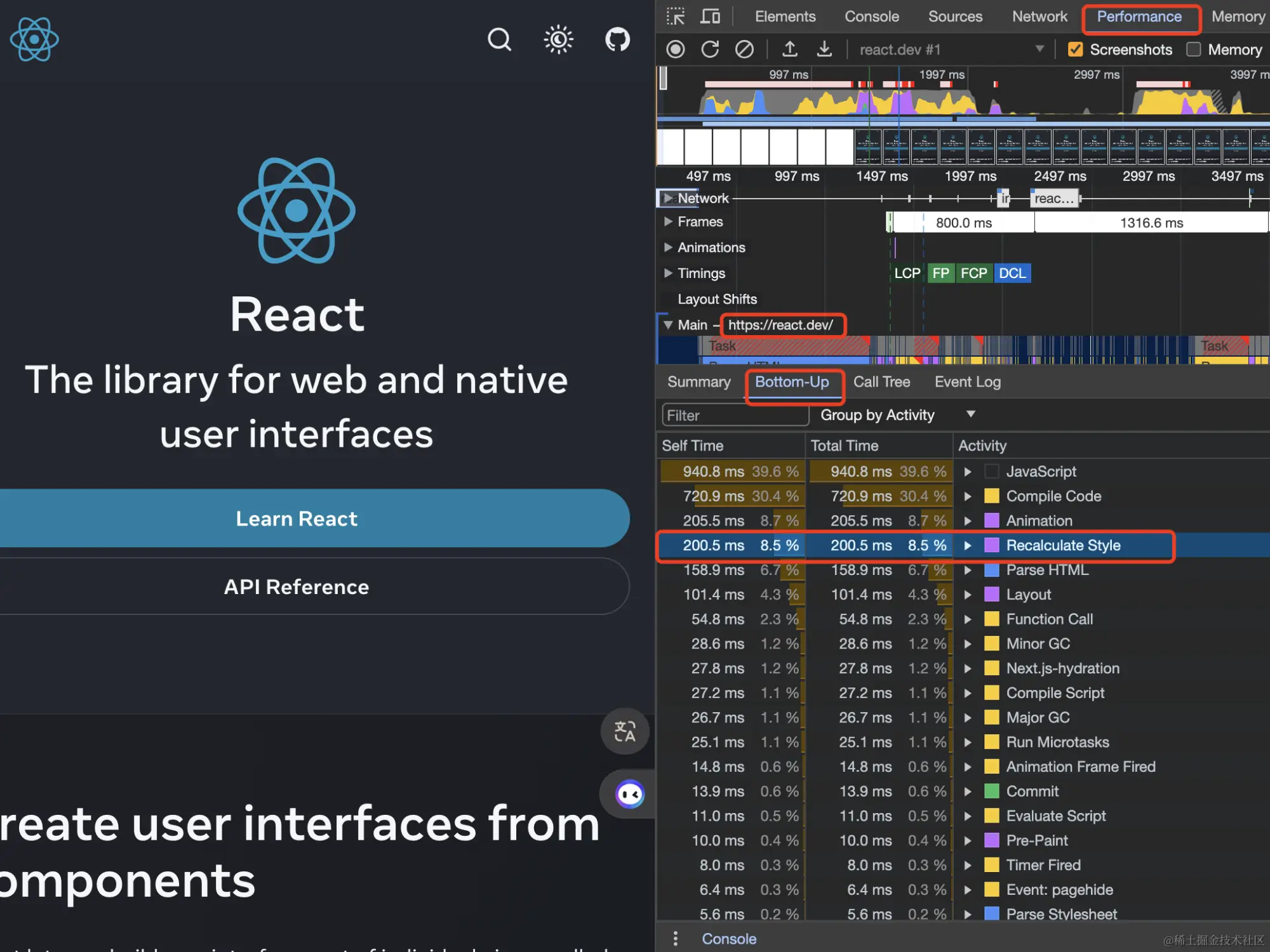 React官网-样式重新计算所花费时间