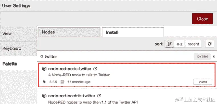 图 7.24 – 安装 node-red-node-twitter