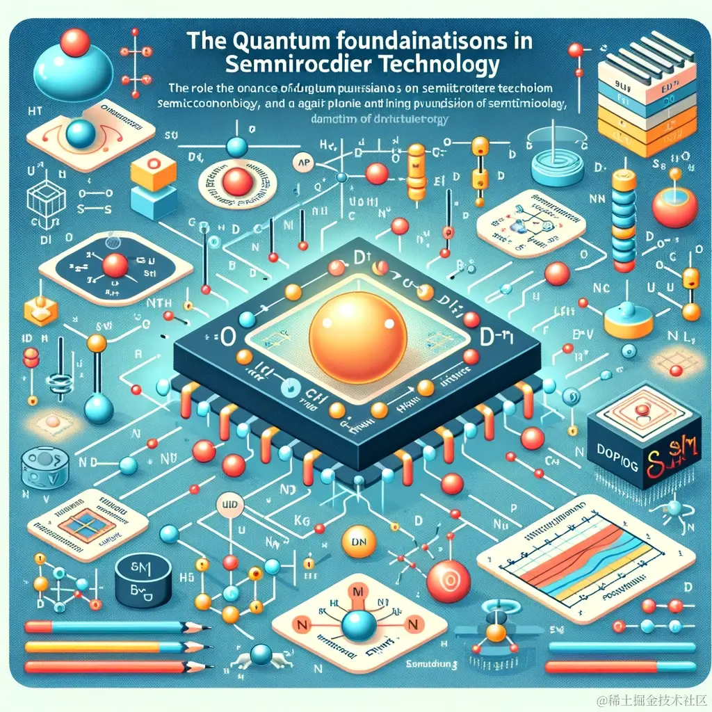 DALL·E 2024-01-17 22.11.10 - An educational illustration that explains the role of quantum mechanics in semiconductor technology. The image should visually depict the concepts of .png