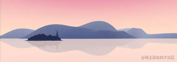 景观的 3D 表示：这是一个粉红色的日落，背景是蓝色的山地，周围环绕着镜海和第二个计划中深蓝色的岛屿。