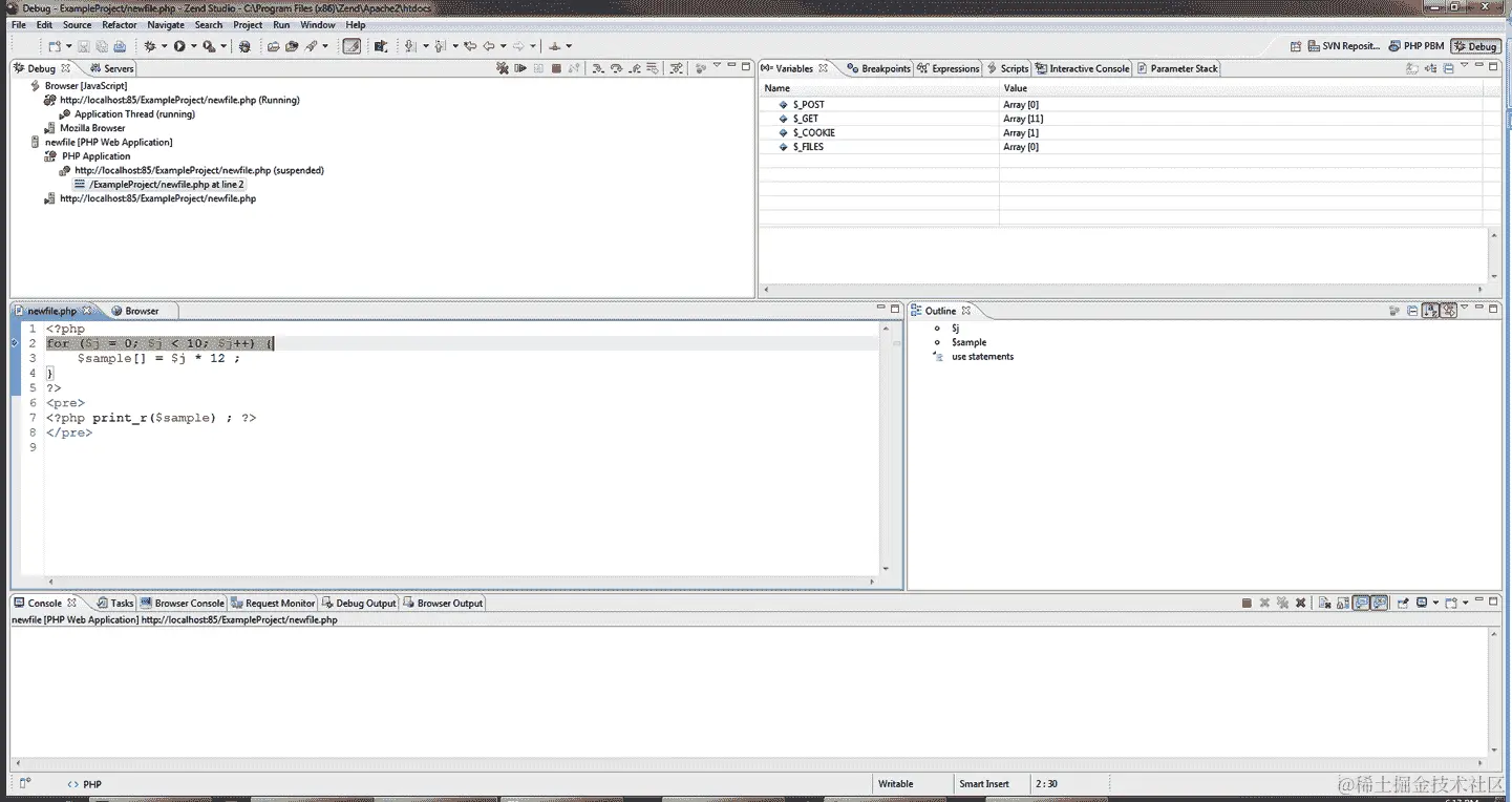 Zend Studio 中的默认调试透视图