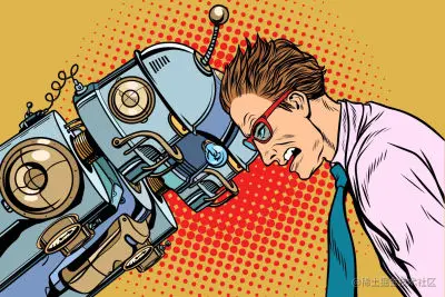 An illustration of a robot butting heads with a man in a shirt and tie