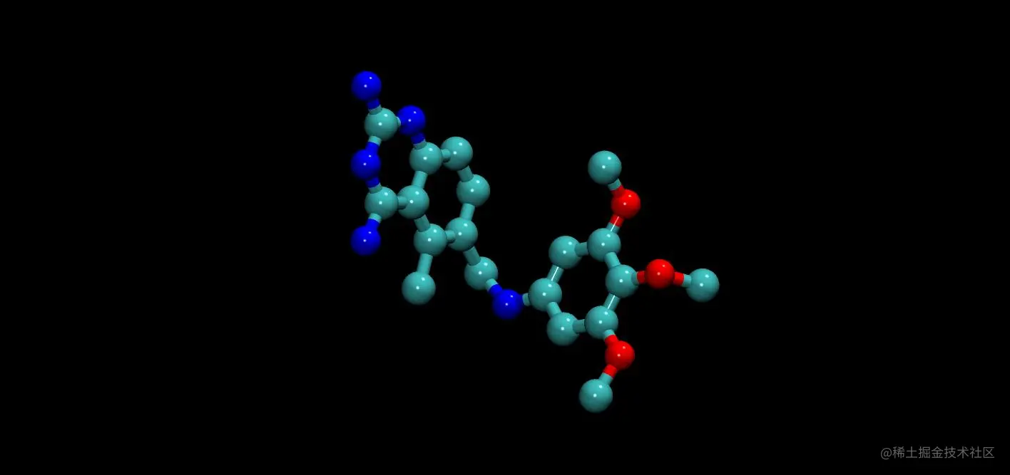Image of a molecular structure with red, blue, and teal molecules connected.