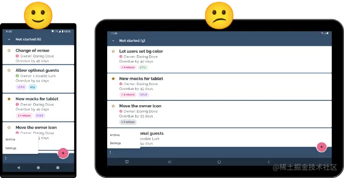 △ 左侧: 手机上的导航展示。右侧: 平板上的导航展示。
