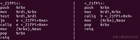 图 11.7 - 用于 f()函数的 X86 汇编代码（左）和不带指针检查的 X86 汇编代码（右）