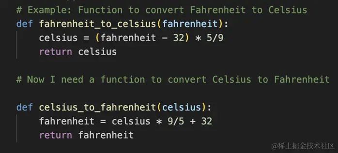 Copilot 的屏幕截图，使用示例创建类似的温度转换代码。