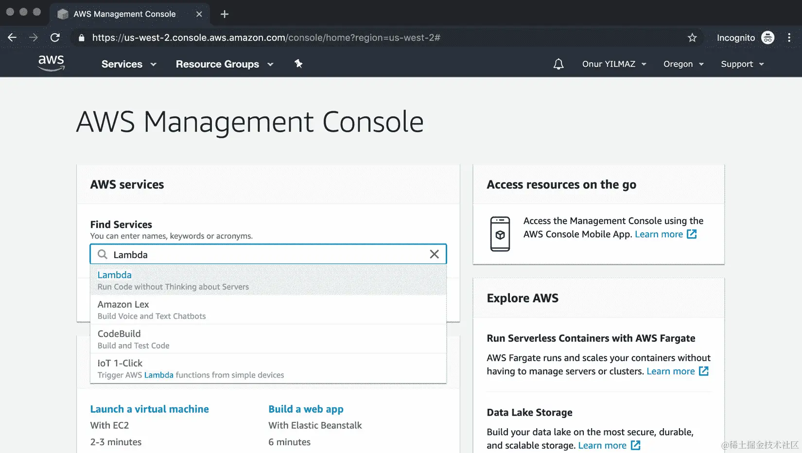 图 2.2：AWS 管理控制台