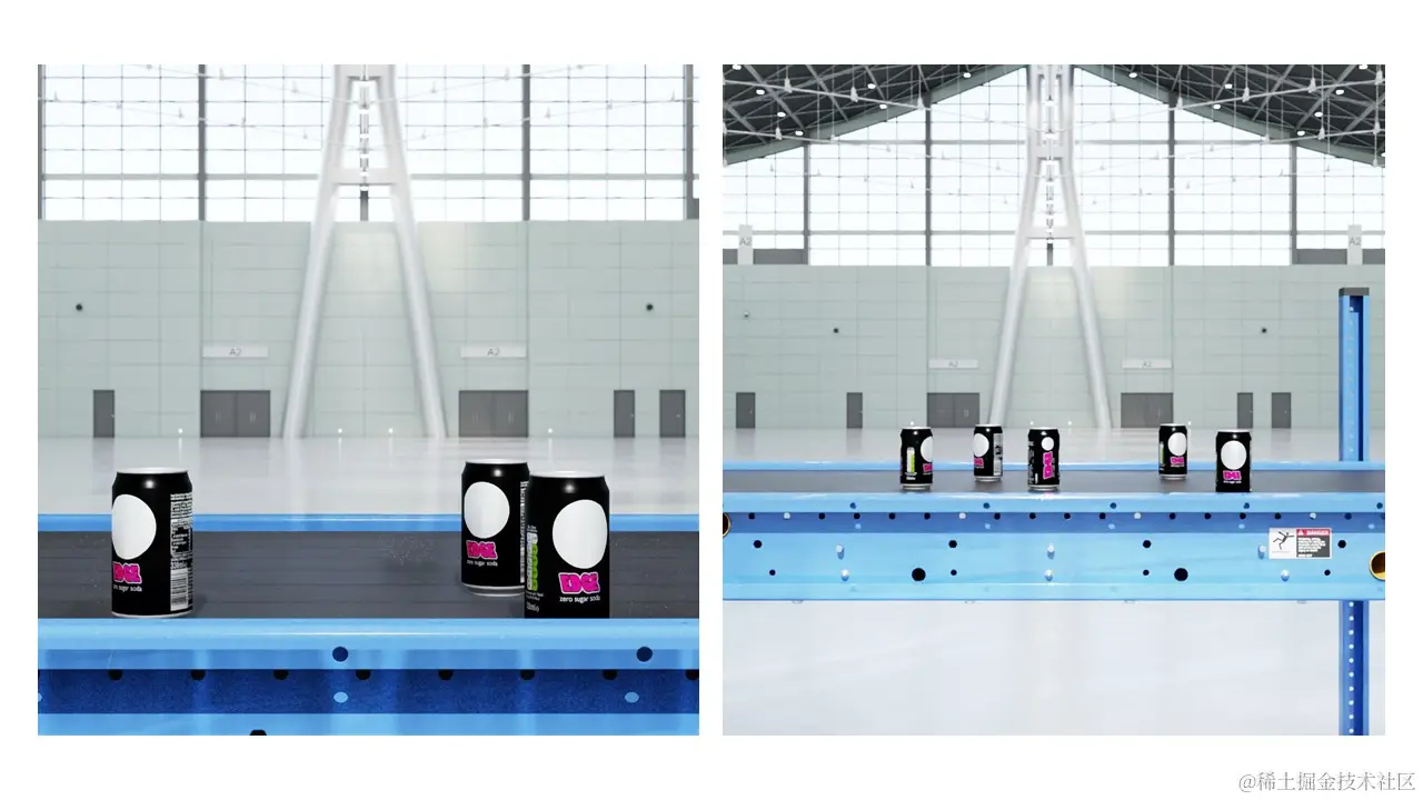 Image on left shows a close-up of cans on the conveyor belt, while image on right shows camera positioned further away from conveyor belt.