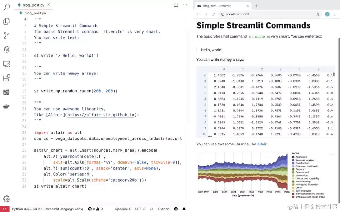 我用 Streamlit 构建 app 时喜欢用 VSCode 编辑器（左）和 Chrome（右）。