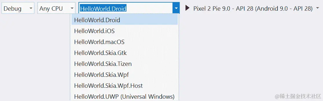 图 2.6 - Visual Studio 中的配置、架构、启动项目和目标机器选项