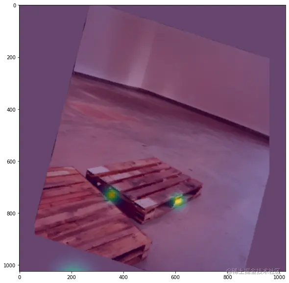 An image showing a rendered sample with a heat map overlaid on top of the center of the pallet’s side faces.

