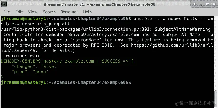 图 4.9 - 使用 Kerberos 身份验证和 SSL 验证对 Windows 域控制器进行 Ansible ping 测试